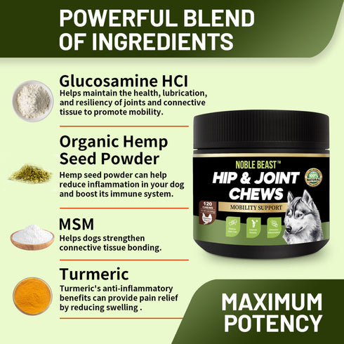 NOBLE BEAST Hip and Joint Chews for Dogs - 120 Soft Chews - Chicken Flavor